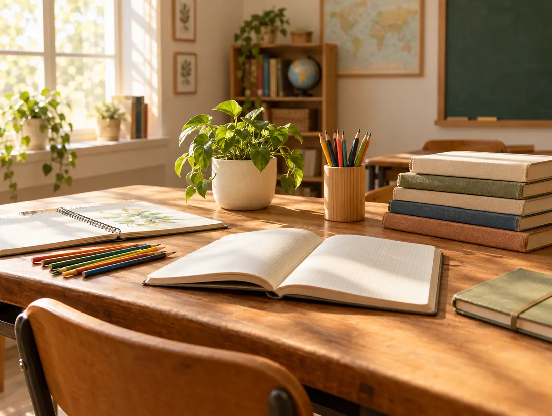 Lokaal met een open boek en schoolspullen