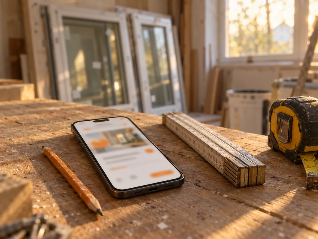 Proofmakr op een telefoon op een werkbank tussen kozijnen