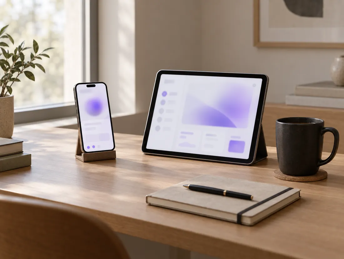 Service-Pro op een telefoon en een tablet op een bureau